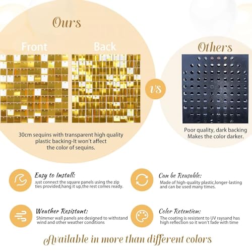 AM ANNA Gold Shimmer Wall Backdrop for Party, Gold Sequin Backdrop,Gold Glitter Wall Backdrop 30 Pieces,Square Glitter Wall Panels Shimmer Backdrop Valentine's Day Decoration, Birthdays, Weddings
