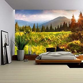 Digital Artwork in Watercolor Painting Style. Beautiful Summer Sunrise in The Mountains. - Removable Wall Mural | Self-Adhesive Large Wallpaper - 66x96 inches