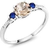 Gem Stone King 10K White Gold Peach Morganite Blue Created Sapphire and White Diamond Accent 3-Stone Engagement Ring For Women (0.74 Cttw, Round 6MM, Gemstone October Birthstone)
