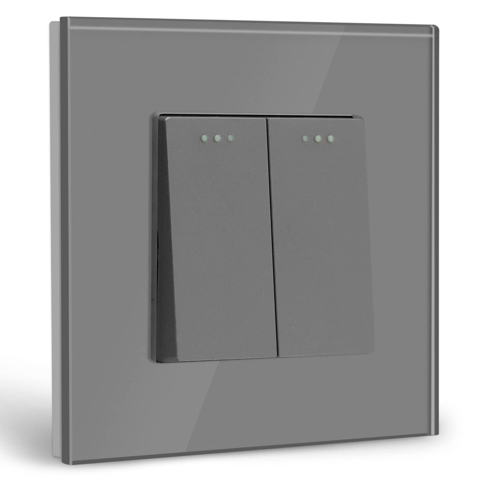 BSEED Light Switch 2 Gang 1 Way Glass Light Switches Screwless 10A Rocker Tactile Wall Switch Grey Crystal Toggle Switch