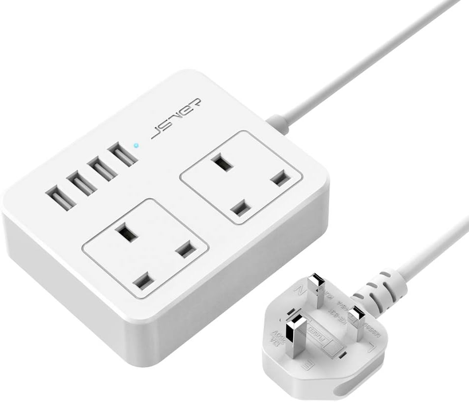 JSVER USB Extension Lead 2 Way Power Socket with 4 USB Ports(5V/3.1A