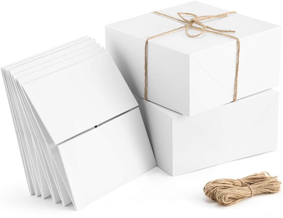 ValBox Premium Gift Boxes 10 Pack 8 x 8 x 4 White Paper Gift Boxes with 20 Meters Hemp Rope for Christmas Gifts, Bridesmaid Proposal Boxes, Easy Assemble Boxes