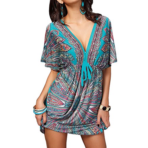 Ladies Sexy Deep V Neck Swimsuit Cover up Bohemian Beach Dress Size M-XXL