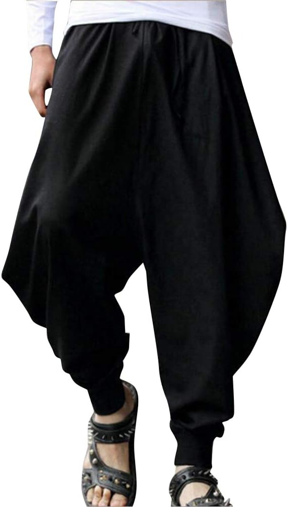 ZIXINGA Men's Summer Boho Hippie Wide Leg Cotton Baggy Harem Pants Trousers with Pockets