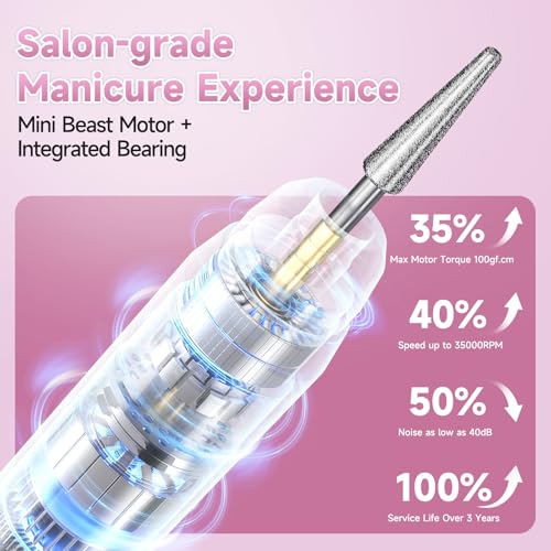 SnnyNyx Cordless Electric Nail Drill 35000 RPM, Professional Nail File Kit with LCD Display, 12 Bits & 36 Sanding Bands, Rechargeable Manicure Pedicure Kit for Acrylic Gel Nails, Salon & Home Use(Rose Gold)