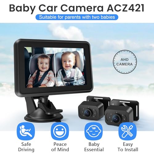 KAPEICamper Baby Car Camera, Back Seat Baby Car Mirror with HD Night Vision 360° Rotation Display, 5 Mins Easy Installation, Observe The Baby’s Move (two baby car camera)