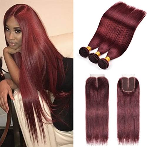 8A Brazilian Virgin Hair 99j Burgundy Straight Hair Weaves 3 Bundles with Lace Closure 4x4 Free Part Red Wine Color 100% Unprocessed Human Hair Weft Weaves (10 12 14 with 10, 99j/burgundy/wine red)