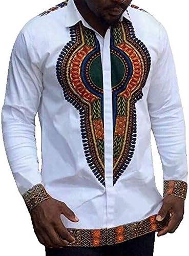 Tenkilo Mens African Printed Long Sleeve Shirt Casual Slim Fit Dashiki Curved Hem T Shirts Tops