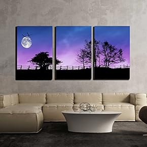 3 Piece Canvas Wall Art - Fence and Trees Silhouettes with Moon and Stars on The Dark Sky - Modern Home Art Stretched and Framed Ready to Hang - 16"x24"x3 Panels