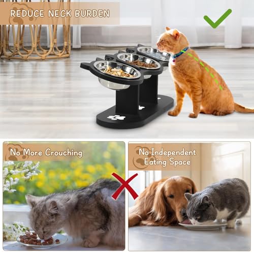 Elevated Cat Food Bowls for Indoor Cats with Adjustable Height Stand and Black Shelf, 3 Stainless Steel Bowls Tilted at 15° for Better Eating Posture, Ideal for Cats and Small Pets (Black)