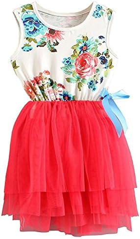 Jxsfly Girls Summer Sleeveless Tutu Dress Rose Printed Sundress with Bowknot Rose Red 4Years