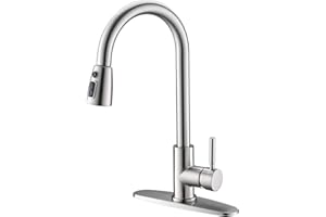 VALISY Kitchen Faucet with Pull Down Sprayer, Modern Single Handle Pull Out Brushed Nickel Kitchen Sink Faucet, High-Arc Pullout Faucets for RV Laundry Utility Sinks with Deck Plate, VALQYT061L-D