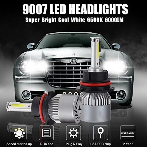 Led Headlight Bulbs Conversion Kit 9007 HB5 6000LM 6500K 60W Automotive Car Headlight Lamp Replacement High Low Beam with Crystal Clear Cool White USA COB Chips Waterproof IP68 2 Pcs - 2 Yrs Warranty