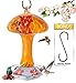 Mushroom Shape Hummingbird Feeder by Grateful Gnome - Large Hand Blown Stained Glass Feeder for Garden, Patio, Outdoors with Accessories S-Hook, Ant Moat, Brush - 32 fl oz, Orange Mushroom Design