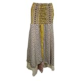 Womens Maxi Skirt Bohemian Beach Silk Sari Smocked Bodice Two layered Dress