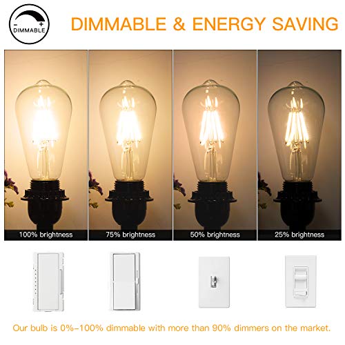 Vintage LED Edison Bulb Dimmable, 6W, 60W Equivalent, High Brightness 800 Lumens, Warm White 2700K, Filament Light Bulb, ST64 Antique LED Bulbs, CRI 90+, E26 Base, Clear Glass, Pack of 10 - Thumbnail 6