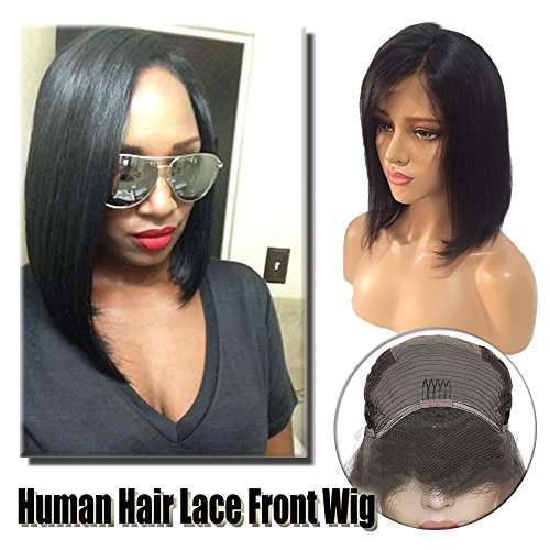 Short Bob Cut Lace Front Wig Human Hair for Women Side Part Straight Brazilian Virgin Human Hair Bleached Knots Glueless Lace Wigs-8 inch Off Black #1B
