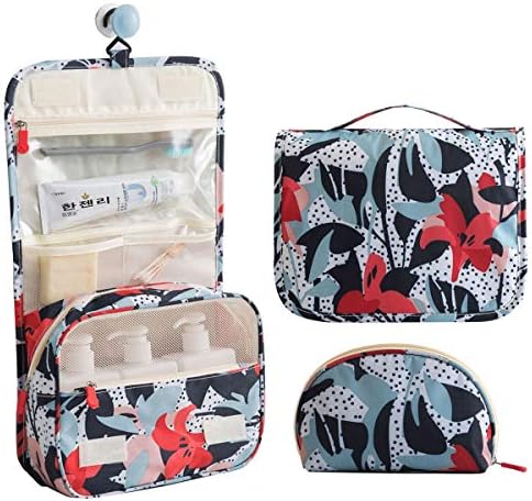 2 Pieces Toiletry Bag Multifunction Hanging Large Makeup Bags Organizer Portable Travel Cosmetic Bag Bathroom Storage Train Case Brush Holder with Hook for Women Girls Men (HL Flowers-2 Pack)