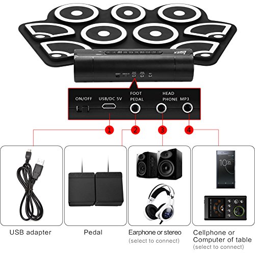 Lujex 9 Pad Roll Up Drum Kit Portable Electronic Drum Set Percussion Instrument with Speaker Can Be Connected to Computer
