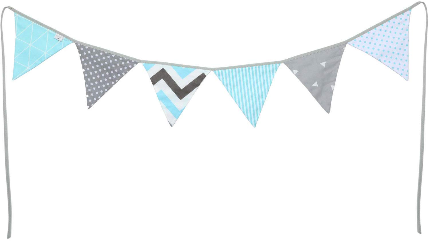 PREMYO Fabric Bunting Flags - Baby Shower Decorations Boys Nursery - Colourful Double Sided Banner Mint Grey