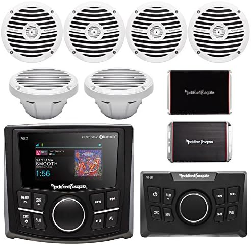 Rockford Fosgate Bluetooth Marine Boat Waterproof MP3 Receiver, Wired Remote Control, 4x 6.5" 300W White 4-Ohm Speakers, 300W 4-Channel Amplifier, 300W Mono Amp, 2x 10" 400W Dual 4-Ohm White Sub