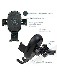 LXORY Qi - Cargador inalámbrico para automóvil - Ventilador de ventilación Asiento de carga rápida Soporte para teléfono - Sujeción automática Gravity Lock Holder para todos los teléfonos listos para Qi - Certificado Qi - Incluye clip y cable ajustables