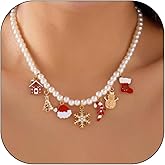 Christmas Necklace for Women Pearl Pendant Necklace Festive Charm Jewelry with Snowflake Snowman Tree Candy Cane Gift
