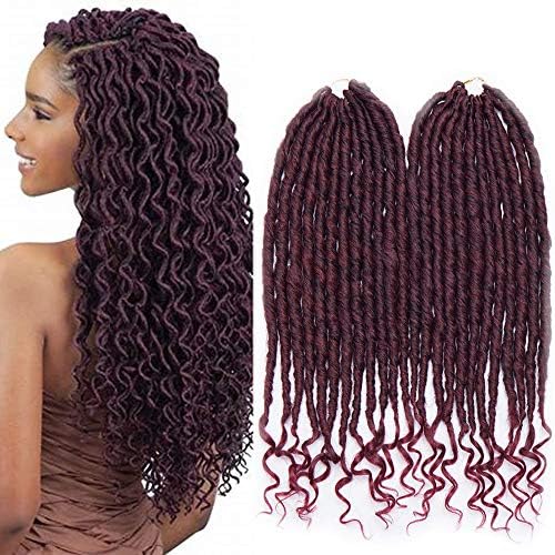 2 Packs Goddess Braiding Hair Extension Faux Locs Ombre 16 Inch Synthetic Wavy Crochet Hair Braid(12 Roots/Pack) - Natural Black & Wine Red