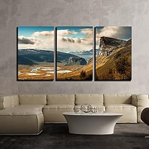3 Piece Canvas Wall Art - Autumn Landscape with Mountain Under White Clouds - Modern Home Art Stretched and Framed Ready to Hang - 16"x24"x3 Panels