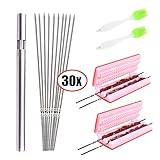 Zwish Barbecue Skewers Set (30) Flat Wide Thick 304 Stainless Steel BBQ Grilling Sticks 13.5 Inch With Container Tube(Plus 2 BBQ Brush, 2 Brochette Express Kebab Maker Box)