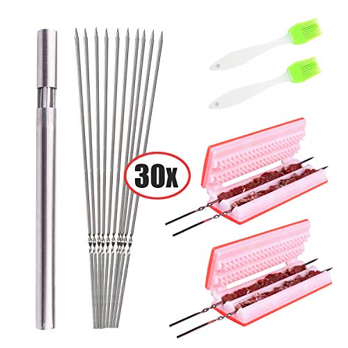 Zwish Barbecue Skewers Set (30) Flat Wide Thick 304 Stainless Steel BBQ Grilling Sticks 13.5 Inch With Container Tube(Plus 2 BBQ Brush, 2 Brochette Express Kebab Maker Box)