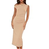 Wenrine Womens One Shoulder Midi Dress Elegant Bodycon Sleeveless Knit Ruched Slit Cocktail Party Formal Dresses