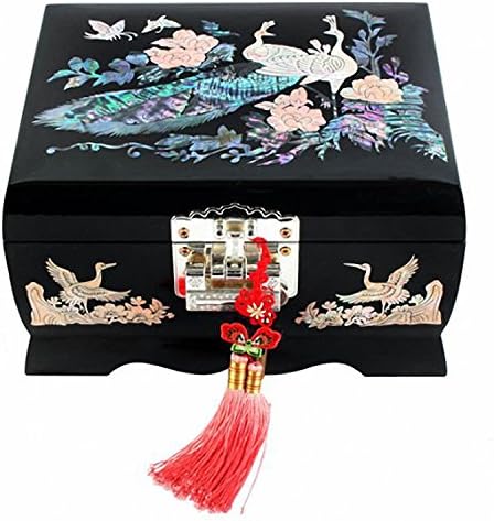Mother of Pearl Peacock Design Music Black Jewelry Mirror Case Gift Musical Box Case Organizer (Size 6 7.27"W x 5.5"D x 4.3"H:)