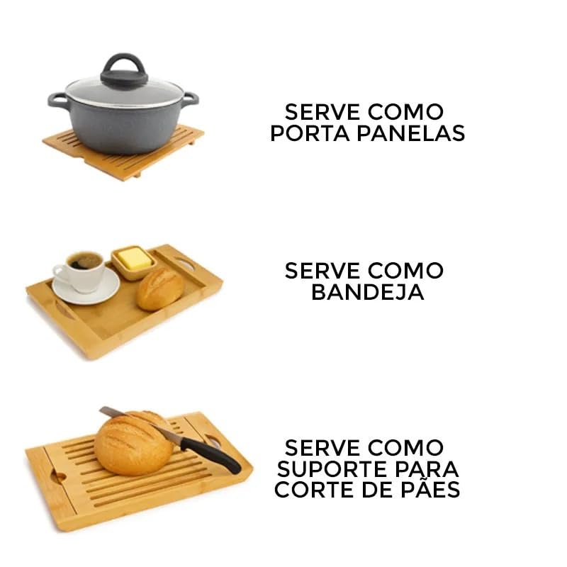 Migalheira Tábua de Pão em Bambu 36x22cm Bandeja com Coletor de Migalhas