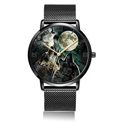 Moonlight Wolf Wrist Watch, LONHAO Customized Unisex Silver Steel&Stainless Steel Waterproof Band Wrist Watch