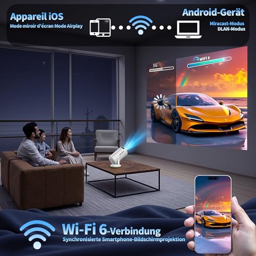 Mini Projector 4K Supports 1080P Full HD Mini Projector with WiFi 6 with BT 5.2, Small Built-in Apps with Automatic Keystone & 270° Rotation, Compatible with HDMI/TV Stick/Laptop, White
