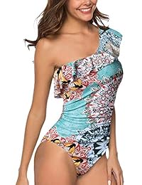 Caracilia Trajes de baño de una pieza para dama con un hombro y volantes asimétricos, monokinis