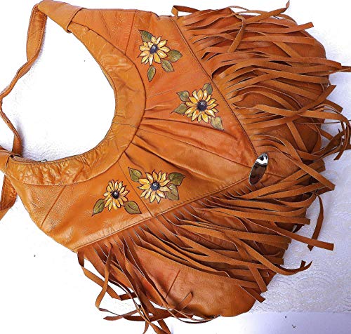 Large Hand Painted Sunflower Tan Leather Boho Fringe Hobo Shoulder Bag Bohemian Handbag for Women