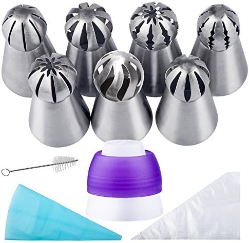Russian Sphere Ball Tips 25Pcs Set, CALLANY Cake Decorating Kit-7 Russian Piping Nozzles +15 Disposable Pastry Bags+1 Reusable Silicone Bag+1 Coupler+1 Brush