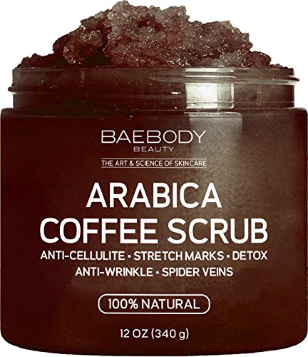 Baebody Arabica Coffee Scrub: Best Cellulite, Acne, Stretch Marks, Wrinkles Treatment. With Dead Sea Salt, Olive Oil, and Shea Butter. Natural Exfoliator, Moisturizer Promoting Radiant Skin 12oz.