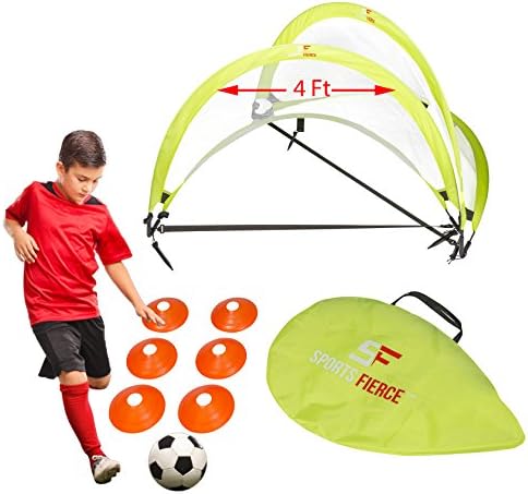 Pop Up Soccer Goals by SportsFierce|2 Portable Nets with 6 cones and a carry bag |Foldable Field Training Equipment Set for Kids and adults | gym or backyard (4 ft)