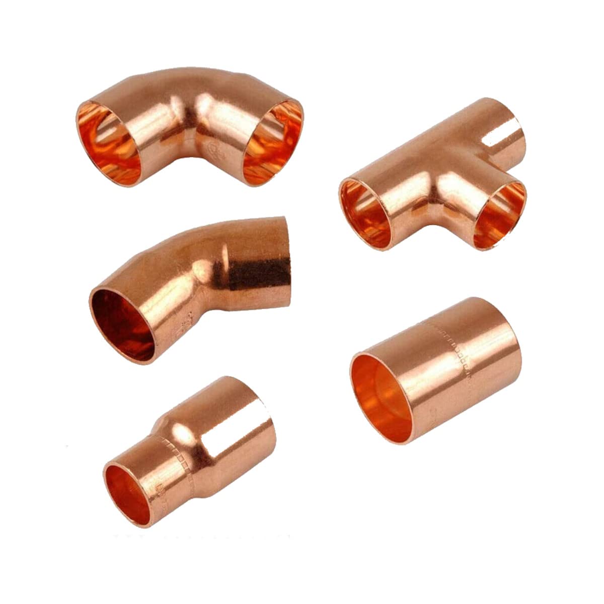 Pipestation 15mm Copper Plumbing Fittings Multipack - Includes 50 x 90 Degree Elbows, 10 x 45 Degree Elbows, 10 x Fitting Reducers (15-10mm), 10 x Equal Tee, 20 x Straight Connectors
