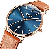OLEVS Minimalist New Men's Ultra Thin Retro Yellow/Brown/Black/Deep Blue PU Leather Band Quartz Wrist Watches, Waterproof & Calendar Window Father's Day Gifts