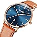 OLEVS Minimalist New Men's Ultra Thin Retro Yellow/Brown/Black/Deep Blue PU Leather Band Quartz Wrist Watches, Waterproof & Calendar Window Father's Day Gifts