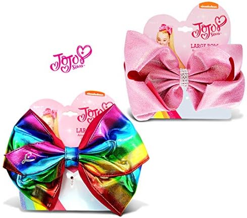 Warp Gadgets Bundle - JoJo Siwa Rainbow Metallic Ponytail Bow & Pink Glitter Ponytail Bow On Elastic Hair Band 7"X5" (2 Items)