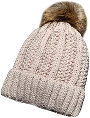 Elegari Women Beige Thick Winter Warm Knit Beanie Hat with Soft Faux Fur Pom Pom