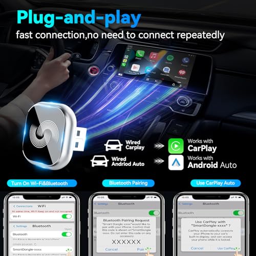 Wireless CarPlay Adapter for iPhone, 2-in-1 Wireless Car Play & Android Auto Adapter, 3X Fast Stable Connection-No Latency from iOS 10+, Wide Compatibility, Plug & Play for 2015+ Cars with USB/Type C