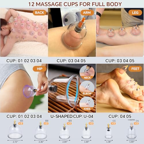 AIKOTOO Cupping Kit for Massage Therapy Set with Pump 12 Massage Cups for Cellulite Reduction Muscle Back Pain Relief Physical Therapy