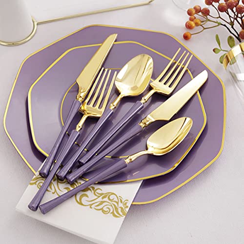 KIRE 20 Guests Purple Plastic Plates with Gold Rim& Gold Disposable