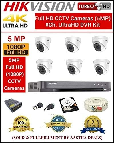 AED Full HD 5MP Cameras Combo Kit DS-7B08HQHI-K1 8CH HD DVR + 6 Dome Cameras DS-2CE5AHOT-ITPF + 2TB Hard Disk+ AED 3+1 Wire Roll + Supply & All Required Connectors-(SOLD AND FULLFILLMENT BY AASTHA DEALS TRUSTED BY AMAZON)